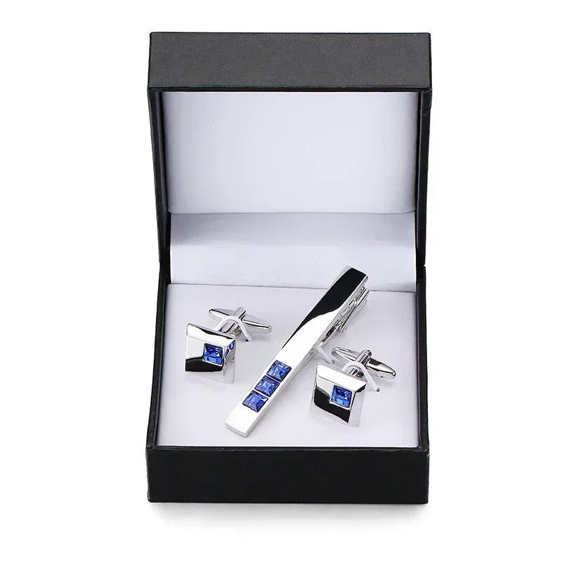 Tie clip cufflink box set square brushed enamel striped cross design men's French shirt cufflinks business suit tie clip gift - Luvia