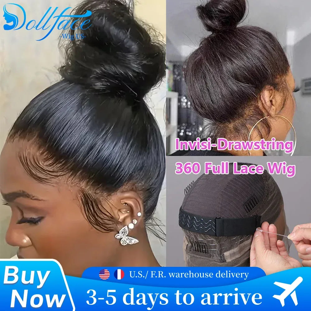 360 Full Hd Lace Wig Invisible Drawstring Glueless Wig Straight Human Hair Natural Color 220 Density Pre Plucked Ready To Wear - Luvia