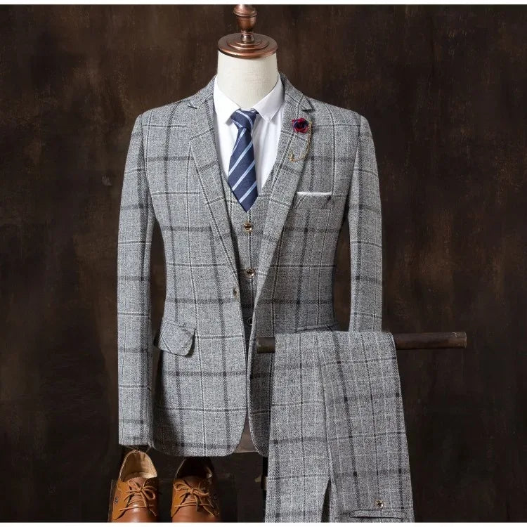 Formal Groom Wear 3 Piece (Blazer+ Vest + Pants) Men's Suit Fashion Business Gentleman Wedding Casual Plaid Cotton Linen Jacket - Luvia
