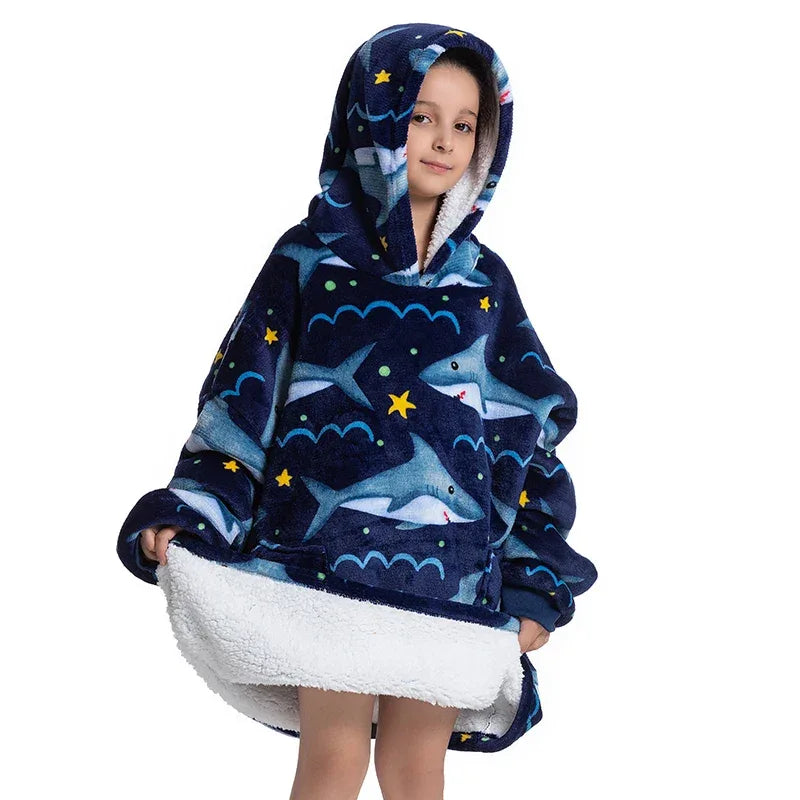 Oversized Wearale Blanket Hoodie Flannel Sherpa Fleece Warm Soft Winter Hoodie Sweatshirt for Kids Adults Home Blanket Snuggle - Luvia