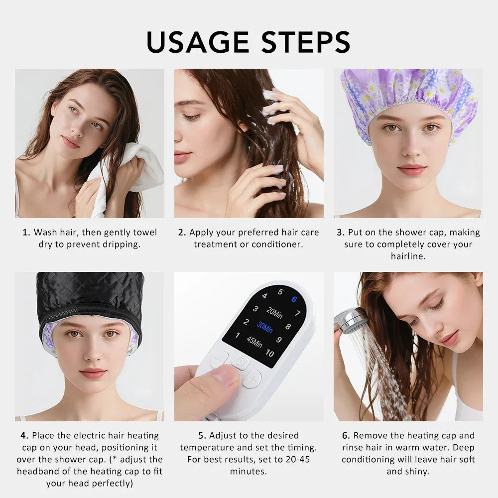 Electric Hair Steamer Cap Hair Heating Hat 3 Time Setting10-Level Heat Home Use Thermal for Deep Conditioning Hair Care SPA Cap - Luvia