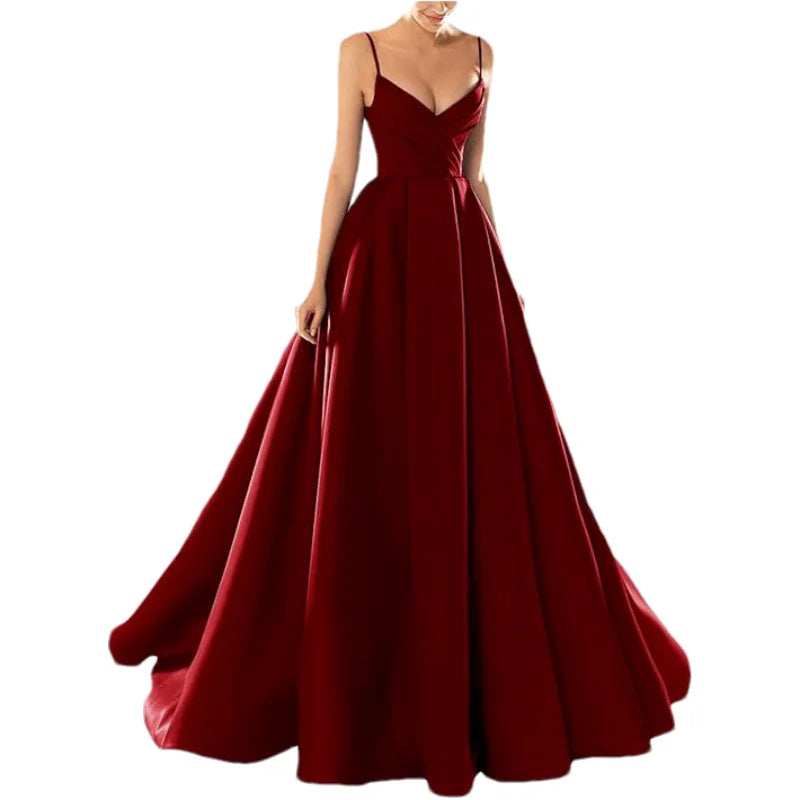 Customized Women's Satin Prom Dresses Formal Gowns Long Spaghetti Strap V-Neck A-line Simple Evening Party Dress with Pockets