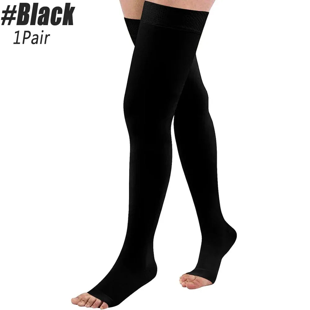 1Pair Relief Thigh High Graduated Compression Socks, 20-30 mmHg - Comfortable Unisex Design with Silicone Dot Band - Open Toe - Luvia