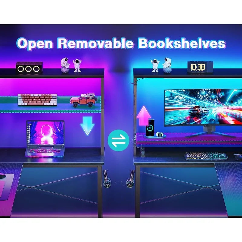 L Shaped Desk Gaming Desk with LED Light & Power Outlet, 53 Inch Reversible L Shaped Computer Table with Shelf & Storage Ba