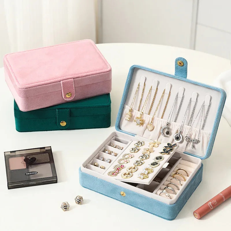 1pc Elegant Velvet Jewelry Organizer Box Portable Necklace Bracelet Earrings Rings Display Storage Boxes for Travel or Home Use - Luvia