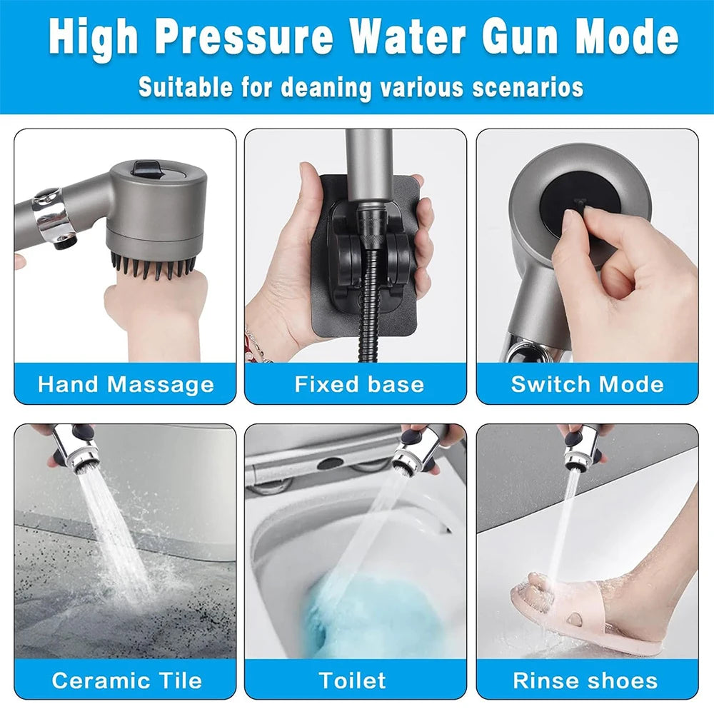 3 Modes Handheld Shower Head with Massage Brush Cotton Filters One-click Stop Water Saving High Pressure Showerhead for Bathroom