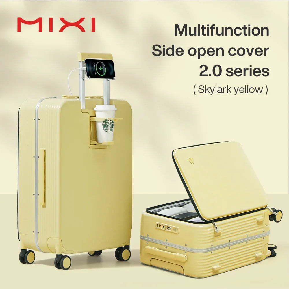 Mixi New Aluminum Frame Suitcase Carry On Rolling Luggage with USB Port Boarding Cabin Cup and Phone Holder 20 24 Inch - Luvia