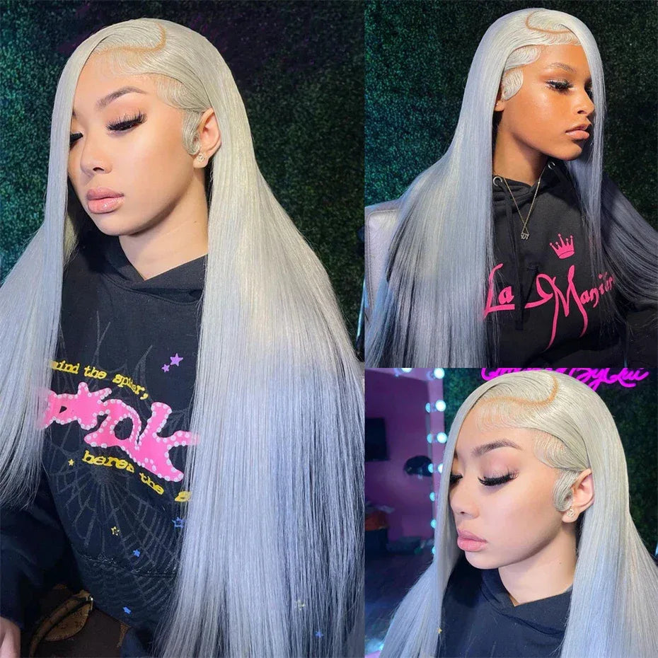 13x6 Silver Grey Straight Lace Front Human Hair Wigs Pre Plucked 613 Blonde Body Wave Frontal Wigs For Women Brazilian Hair Wigs - Luvia