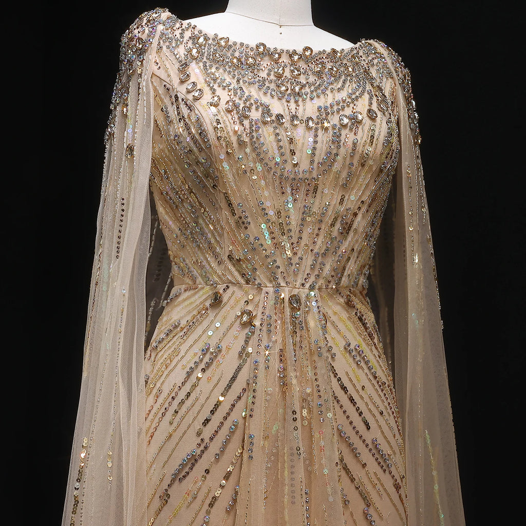 Sharon Said Luxury Gold Mermaid Evening Dress With Cape Sleeve  for Women Wedding Party Lilac Prom Gown Arabic SS549 Customized