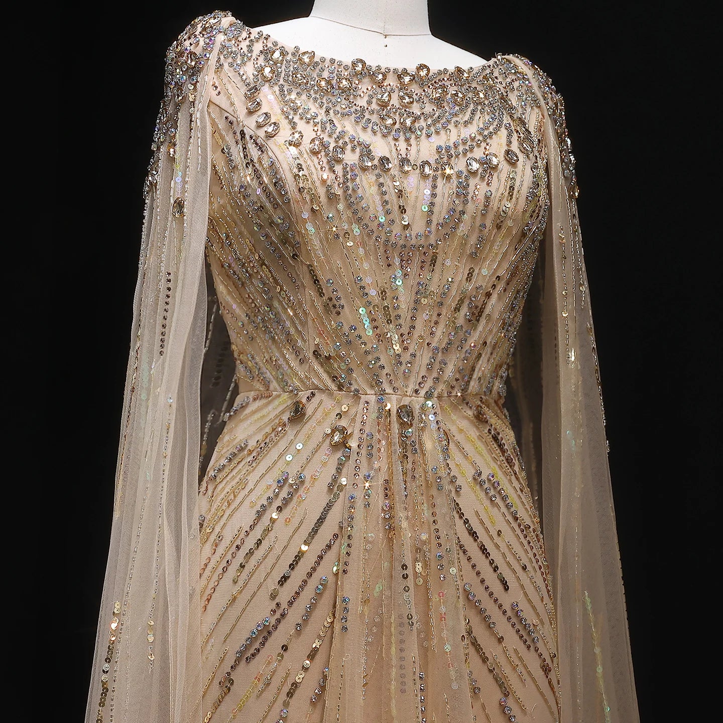 Sharon Said Luxury Gold Mermaid Evening Dress With Cape Sleeve  for Women Wedding Party Lilac Prom Gown Arabic SS549 Customized