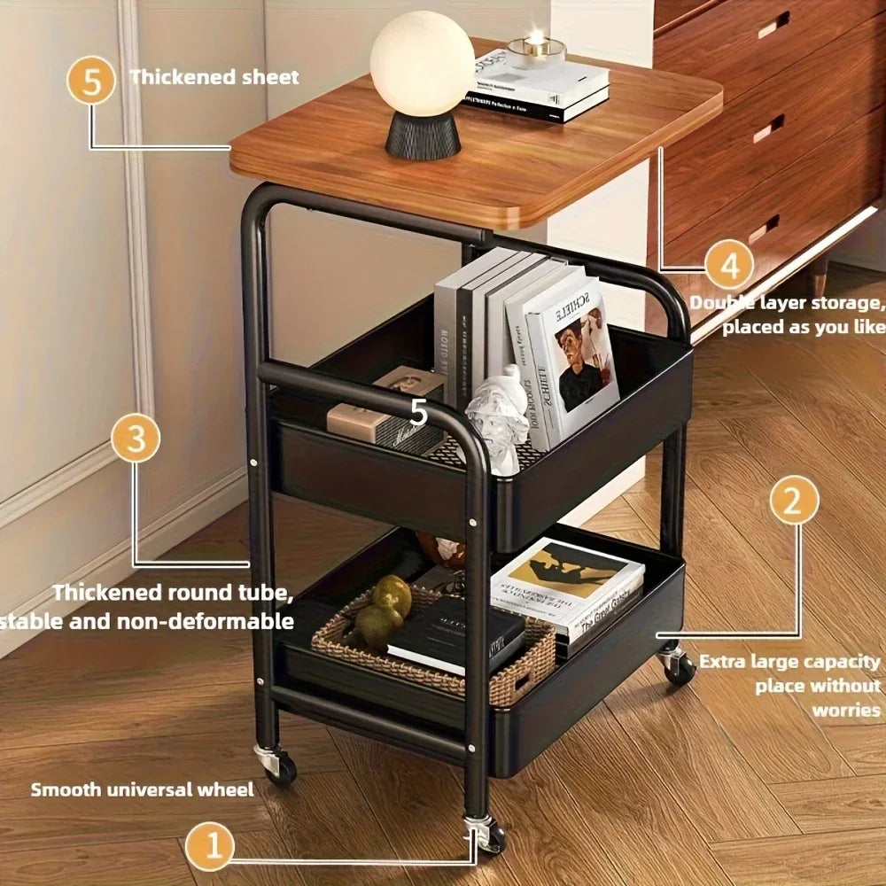 3-Tier Rolling Cart with Tabletop, Metal Tool and Snack Rack with Storage, Durable Carbon Steel Frame, Wheels for Easy Mobility - Luvia