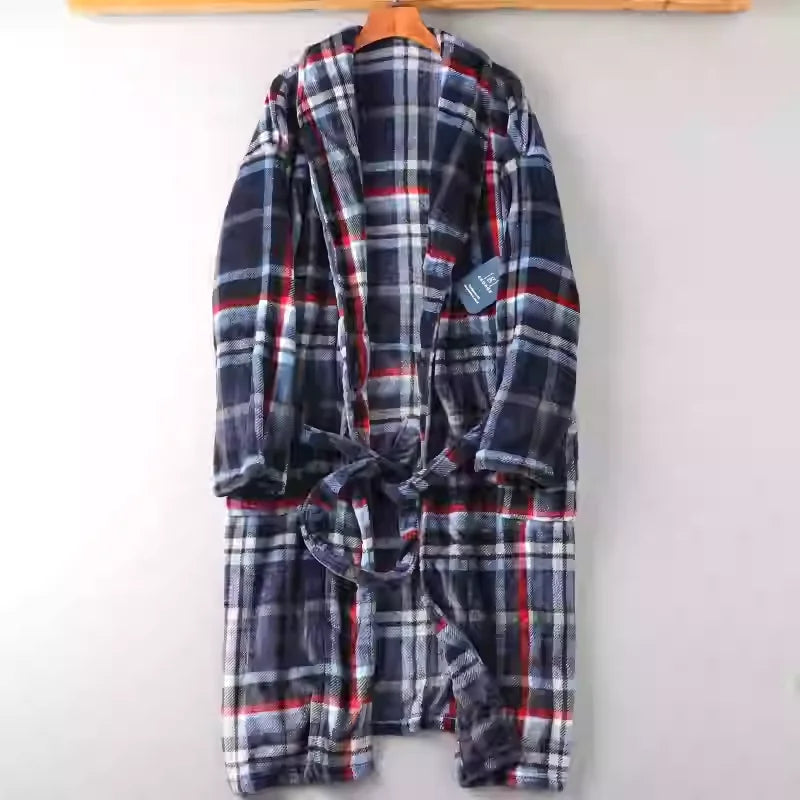 Men's Nightgown Home clothes Robes Winter warmth flannel bathrobe Plaid Pajamas Male lounge sleepwear