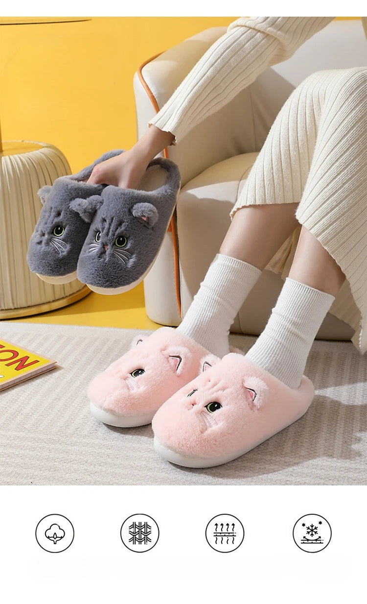 Winter Warm Slipper Women House Fuzzy Cat Cartoon Fur Plush Indoor Lazy Female Thermal Home Shoe Furry Funny Flat flip flop