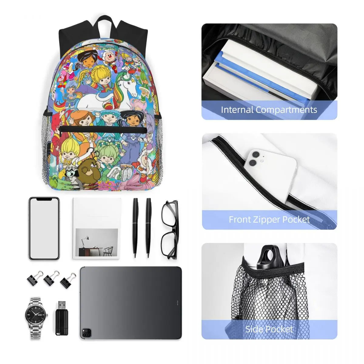 Cartoon Cute Rainbow Brite Student Backpack School Bag Hiking Travel Daypack for Boys Girls Fashion Bookbag Shoulder Bags