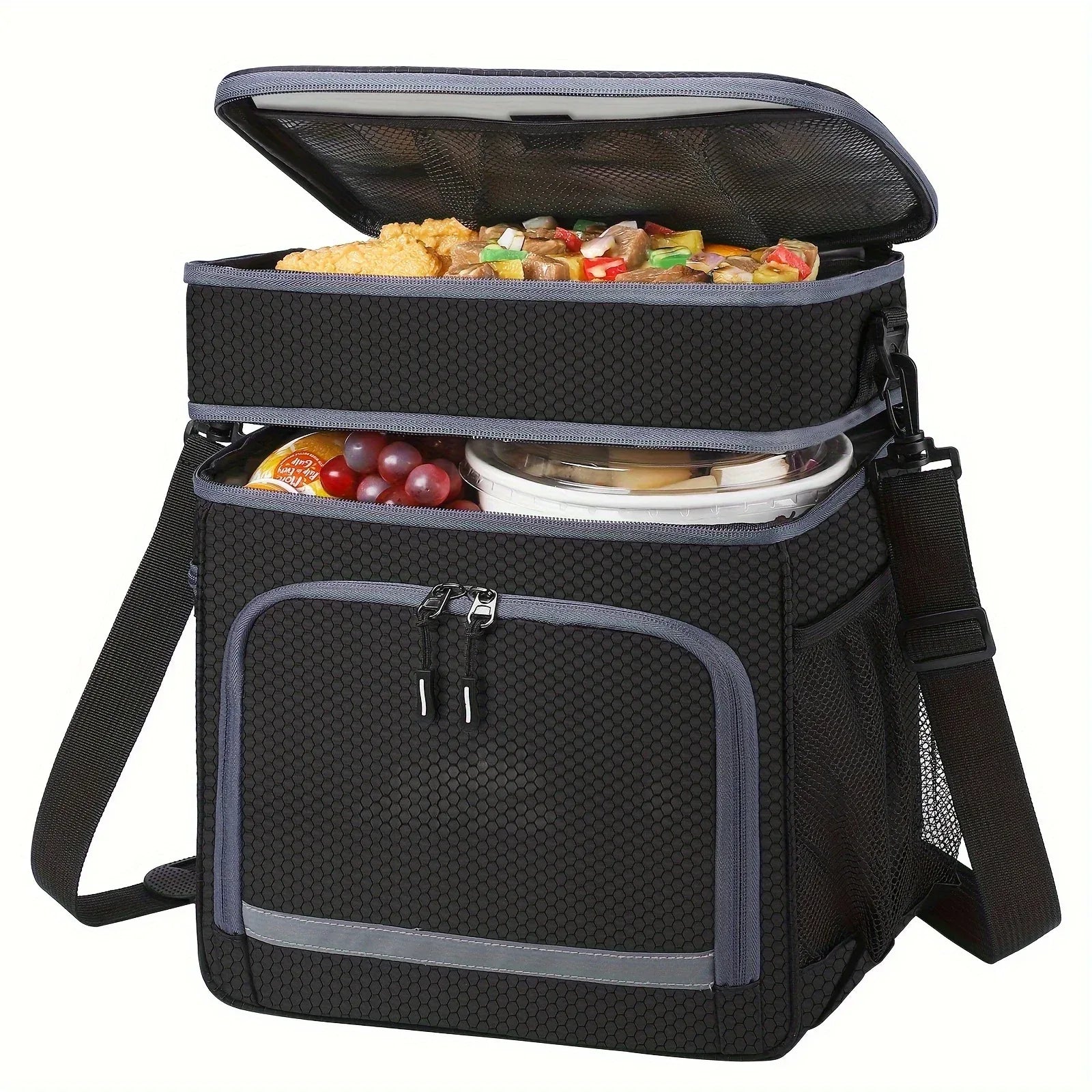 Insulated Lunch Bag|Leak-proof polyester cooler tote with PVC lining|Adjustable shoulder strap and side mesh pockets. - Luvia