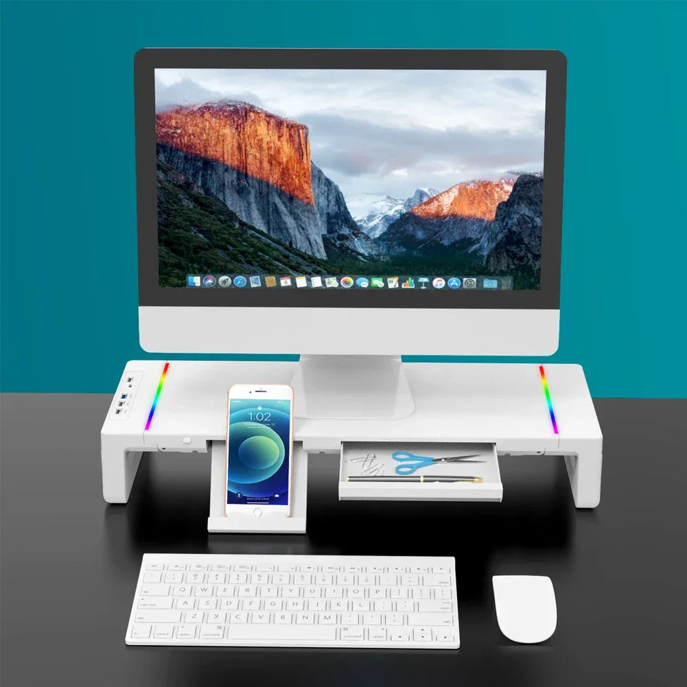 Adjustable Laptop Stand Riser with USB 3.0 Hub, 13Models 7-Color LED, Phone Mount, Storage Drawer - Luvia