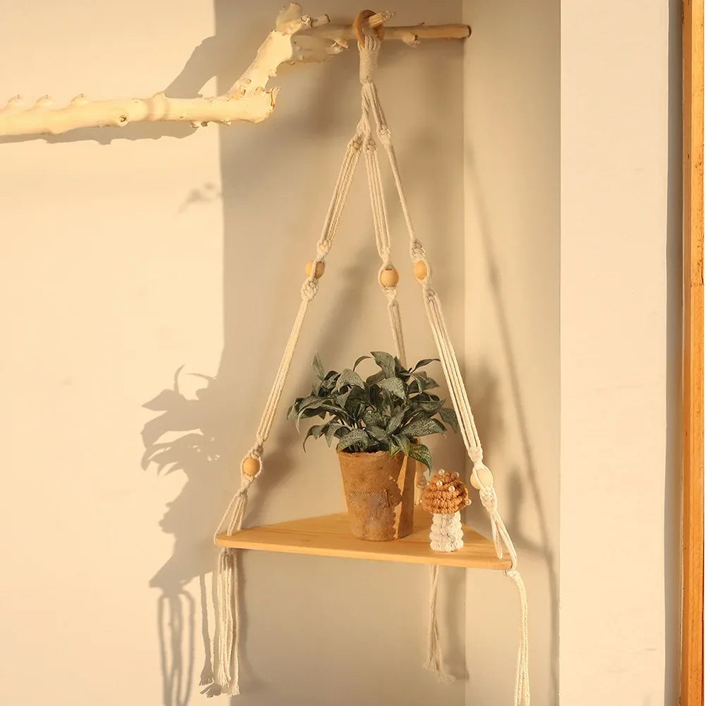 Corner Shelf Macrame Wall Hanging Wood Floating Shelves Rustic Boho Wall Shelf Decor Storage Rack for Plants Pots Photo Frames - Luvia