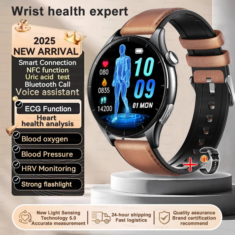 2025 New Body Fat Analysis Health Smart Watch ECG+PPG Uric Acid Lipid Blood Pressure NFC Clock Call Smartwatches For Men Women