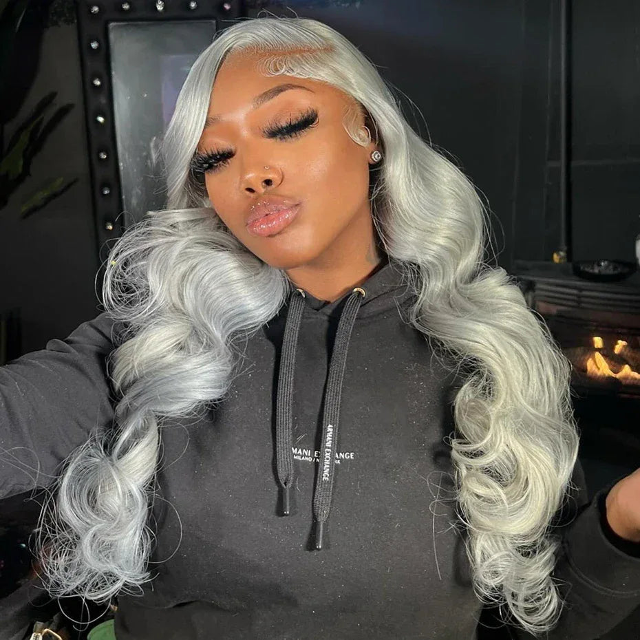 13x6 Silver Grey Straight Lace Front Human Hair Wigs Pre Plucked 613 Blonde Body Wave Frontal Wigs For Women Brazilian Hair Wigs - Luvia