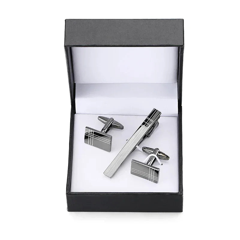 Tie clip cufflink box set square brushed enamel striped cross design men's French shirt cufflinks business suit tie clip gift - Luvia