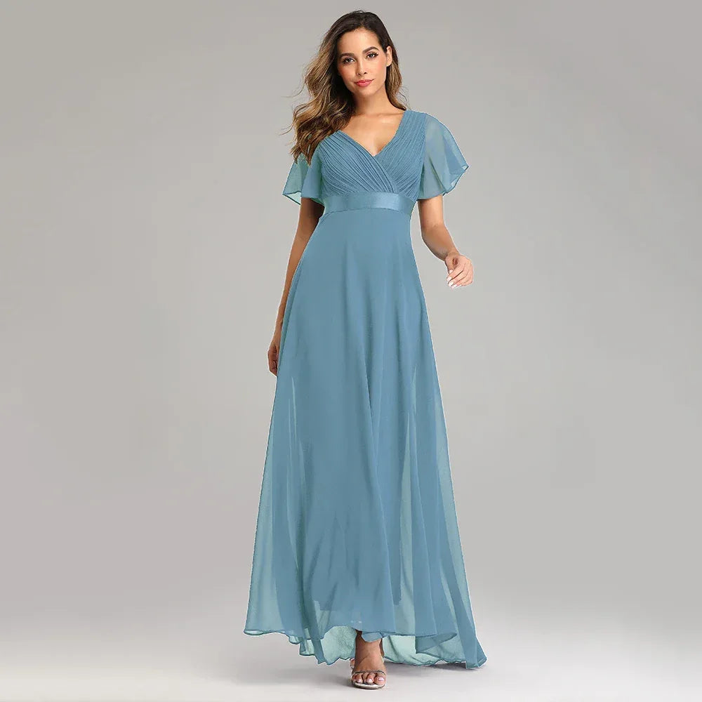 Evening Dresses XUCTHHC Elegant V-Neck Ruffles Chiffon Formal Evening Gown Robe Vestidos De Fiesta Dress for Wedding Party - Luvia
