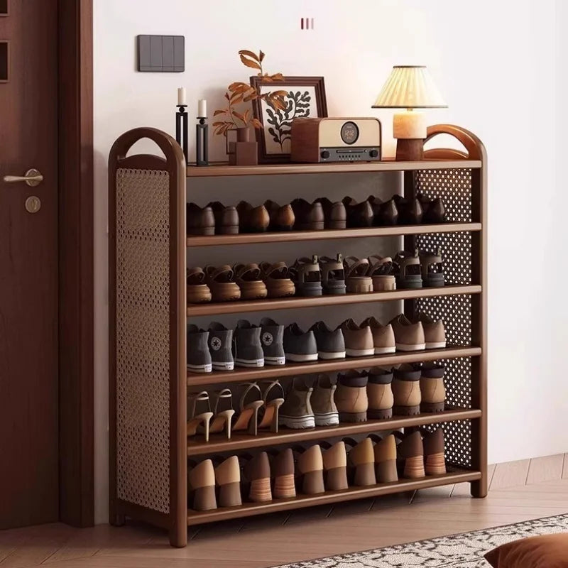 Multi layer shoe rack, retro style rattan woven simple home door shoe cabinet, large capacity storage rack for entrance doors
