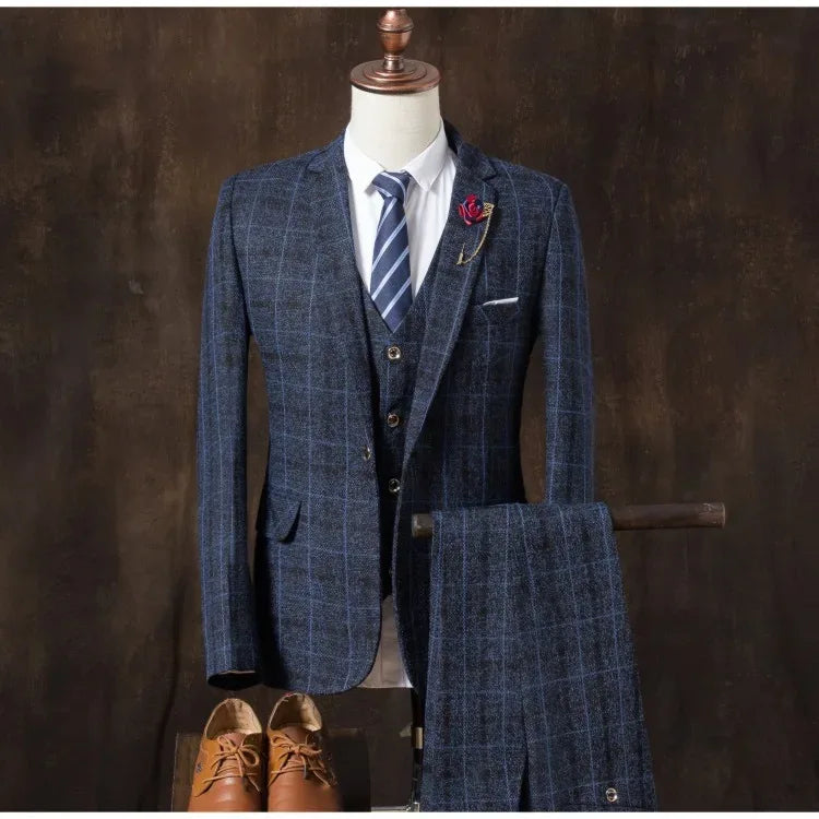 Formal Groom Wear 3 Piece (Blazer+ Vest + Pants) Men's Suit Fashion Business Gentleman Wedding Casual Plaid Cotton Linen Jacket - Luvia