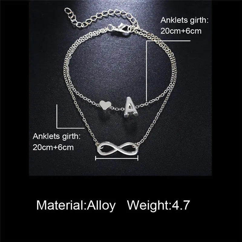 Boho Initial Anklet Heart Infinity Silver Color Ankle Bracelet on Leg Chain 26 Letter Anklets For Women Ankle Beach Foot Jewelry - Luvia