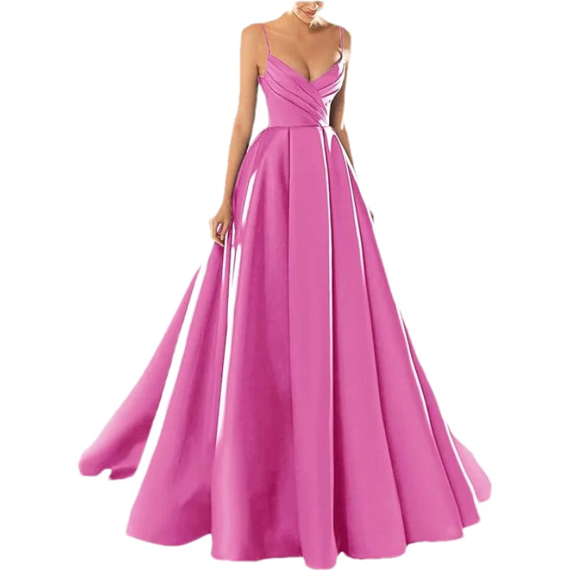 Customized Women's Satin Prom Dresses Formal Gowns Long Spaghetti Strap V-Neck A-line Simple Evening Party Dress with Pockets
