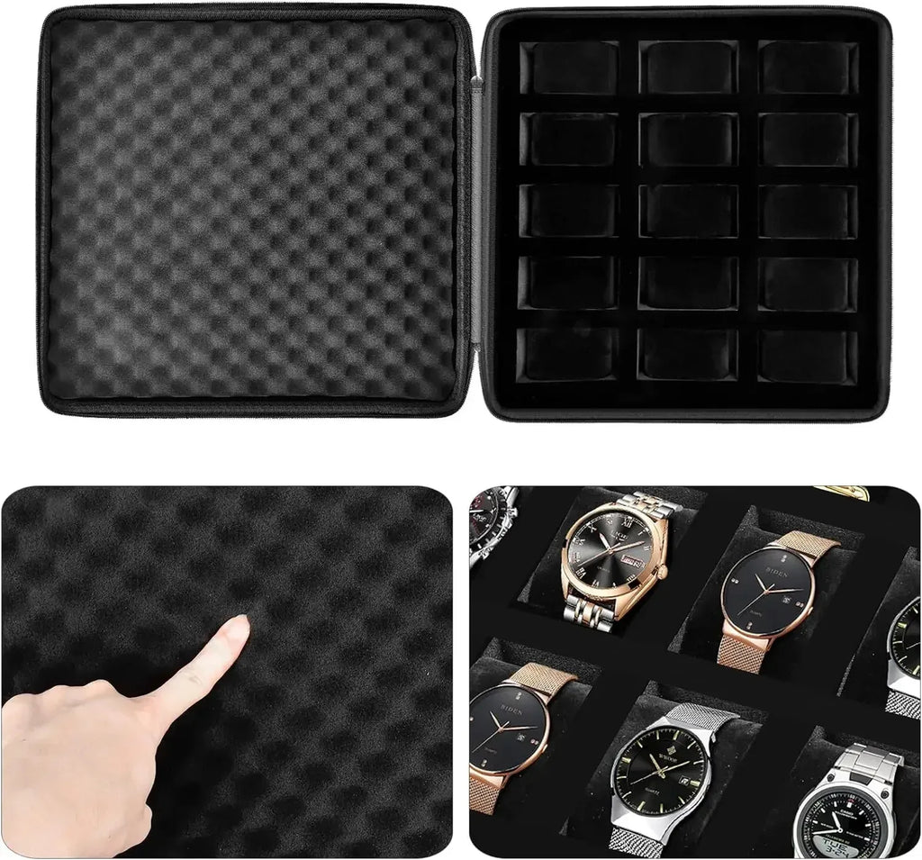 15 Slots Watch Box /Men Watch Display Storage Case Fits All Wristwatches and Smart Watches up to 42mm - Luvia
