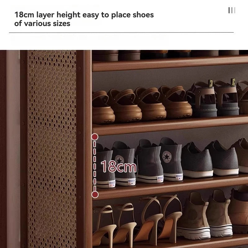 Multi layer shoe rack, retro style rattan woven simple home door shoe cabinet, large capacity storage rack for entrance doors