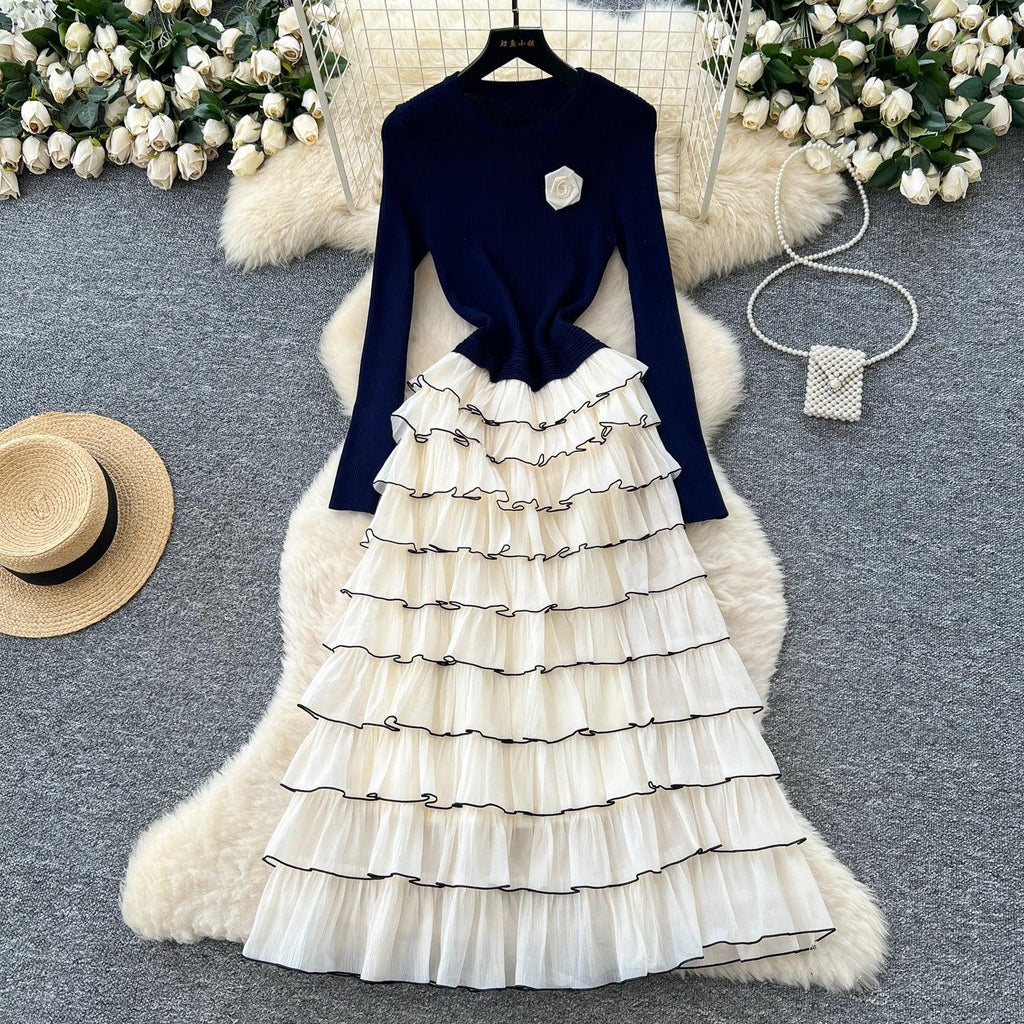 Elegant Chic Knit Tiered floral Long Dresses French Evening Party High Street autumn winter women clothing - Luvia