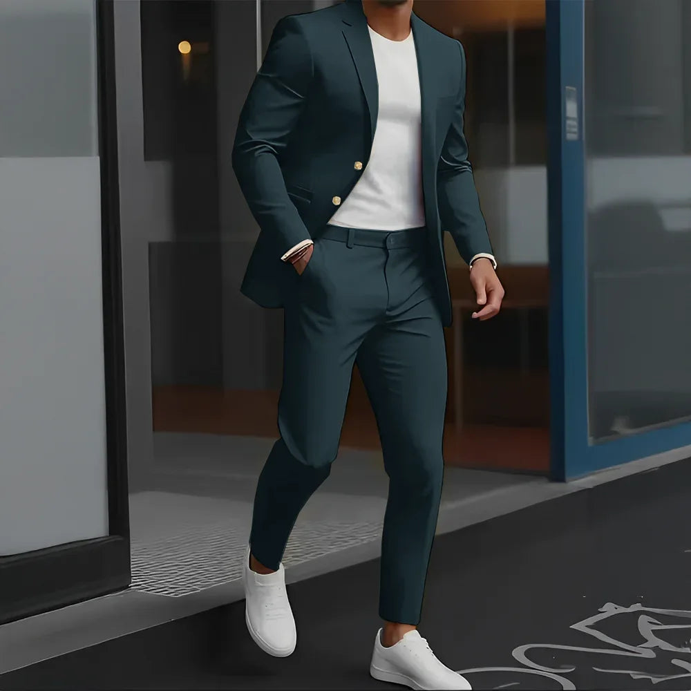 Formal Suit for Mens Business Work Clothes Office Jacket Pants 2-Piece Suit Wedding Groom Tuxedo 2-Button Blazer - Luvia