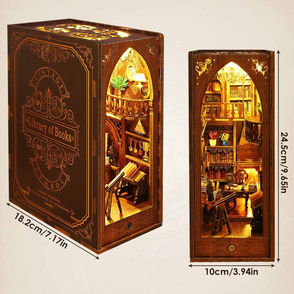 New DIY Book Nook Kit 3D Wooden Miniature Dollhouse Bookend Building with LED Light Bookshelf Decoration Birthday New Year Gifts - Luvia