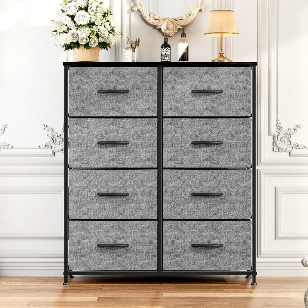 Tall Dresser With 8 Fabric Drawers Organizer Units, Chest Of Drawers For Bedroom With Wooden Top