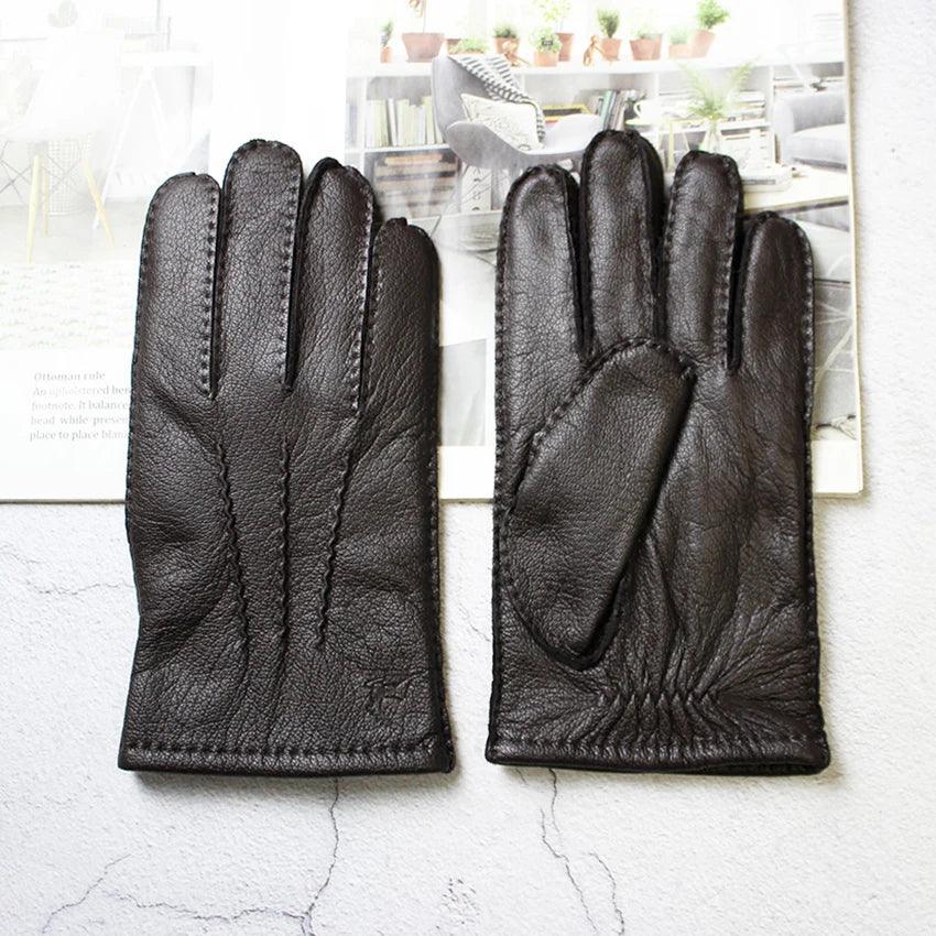 Deerskin Gloves Men's Touch Screen High-Quality Leather 2025 New Hand-Stitched Thin Wool Lining Keeps Warm in Autumn and Winter - Luvia
