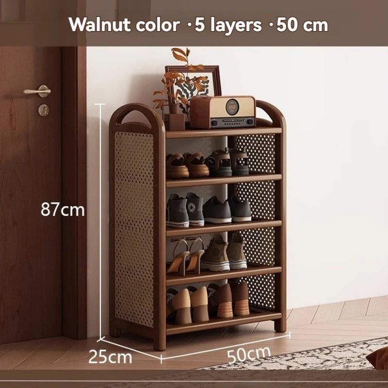 Multi layer shoe rack, retro style rattan woven simple home door shoe cabinet, large capacity storage rack for entrance doors