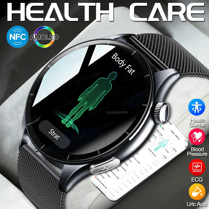 2025 New Body Fat Analysis Health Smart Watch ECG+PPG Uric Acid Lipid Blood Pressure NFC Clock Call Smartwatches For Men Women