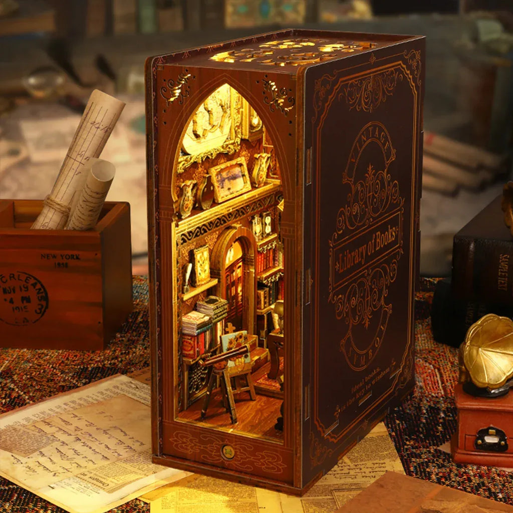 New DIY Book Nook Kit 3D Wooden Miniature Dollhouse Bookend Building with LED Light Bookshelf Decoration Birthday New Year Gifts - Luvia