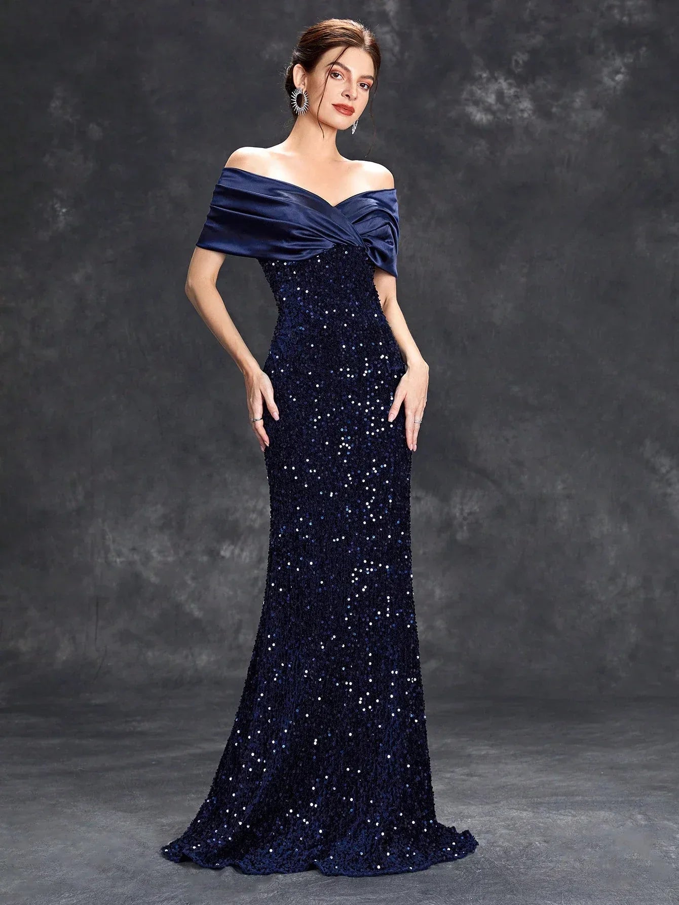 Mgiacy Line neck pleated tint sequin velvet fishtail Dress Evening Gown Ball dress Party dress Bridesmaid dress - Luvia