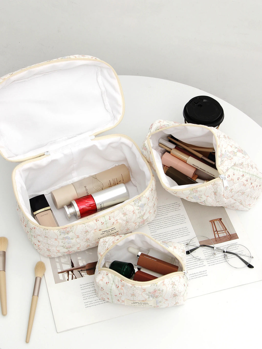 1pc/set floral  quilted makeup bag, cute large capacity makeup bag, travel essential makeup bag, multifunctional makeup bag
