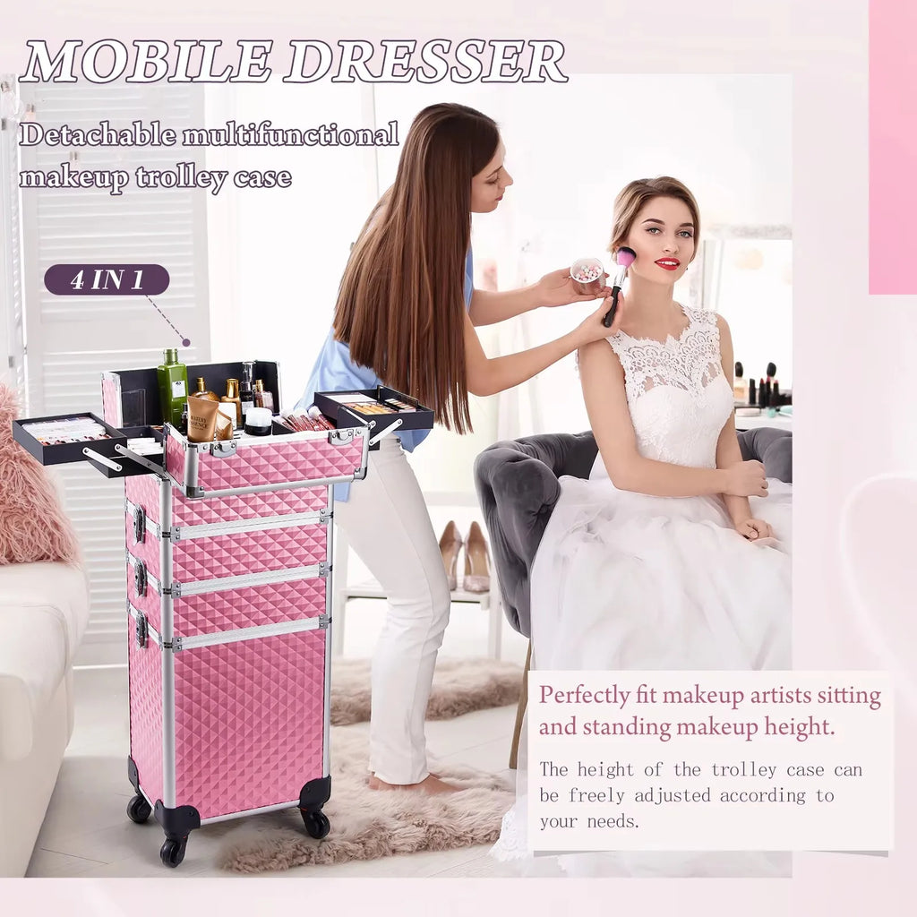 Rolling Makeup Train Case Cosmetic Trolley 4 in 1 Large Capacity Makeup Travel Case with Key  Wheels Salon Barber Case Traveling