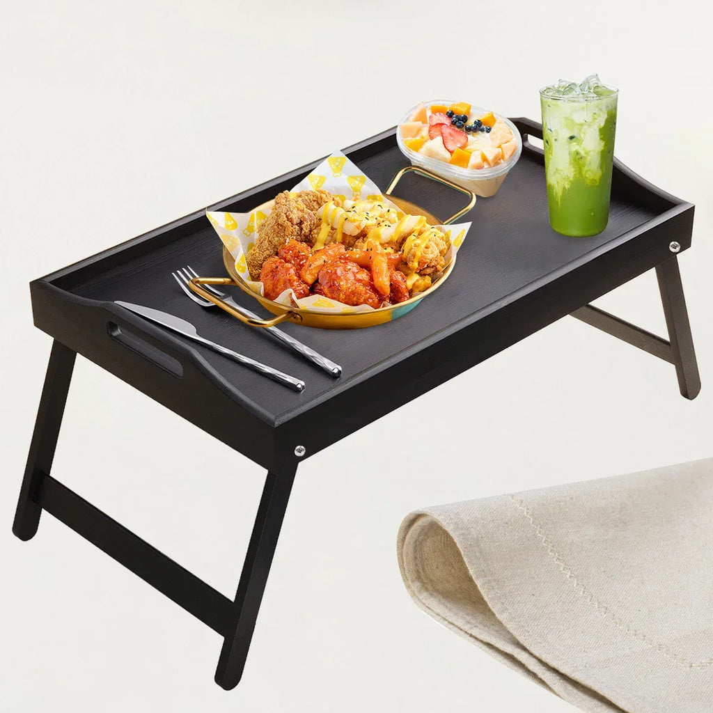 Bamboo Breakfast Bed Tray with Folding Legs - Perfect for Sofa, TV, Laptop or Snack Use - Serving Breakfast in Bed (Black/White) - Luvia