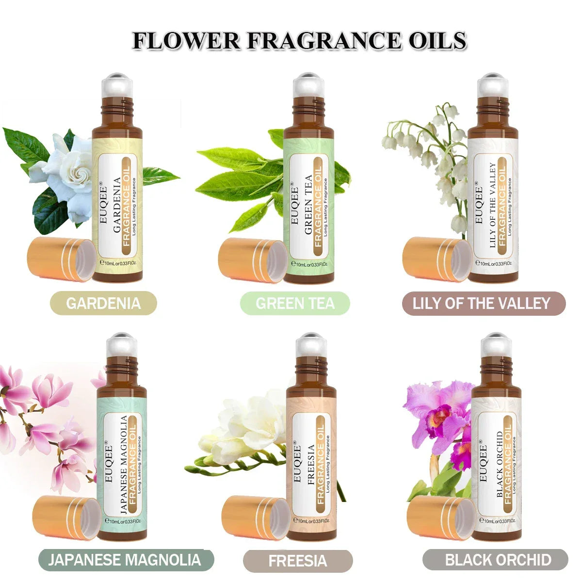 EUQEE 6pcs Fragrance Oils Set For Men & Women 10ml Roller Aroma Oil Good Girl Bright Crystal Coconut Vanilla Angel Strawberry - Luvia
