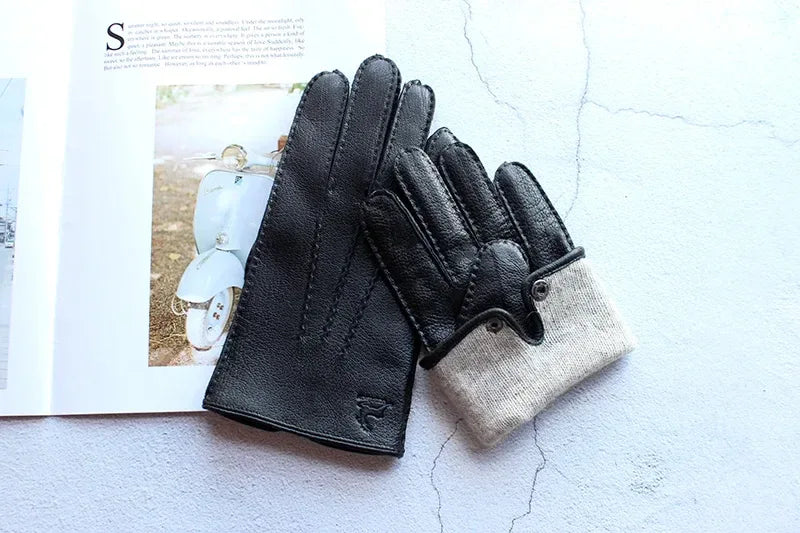 Deerskin Gloves Men's Touch Screen High-Quality Leather 2025 New Hand-Stitched Thin Wool Lining Keeps Warm in Autumn and Winter - Luvia