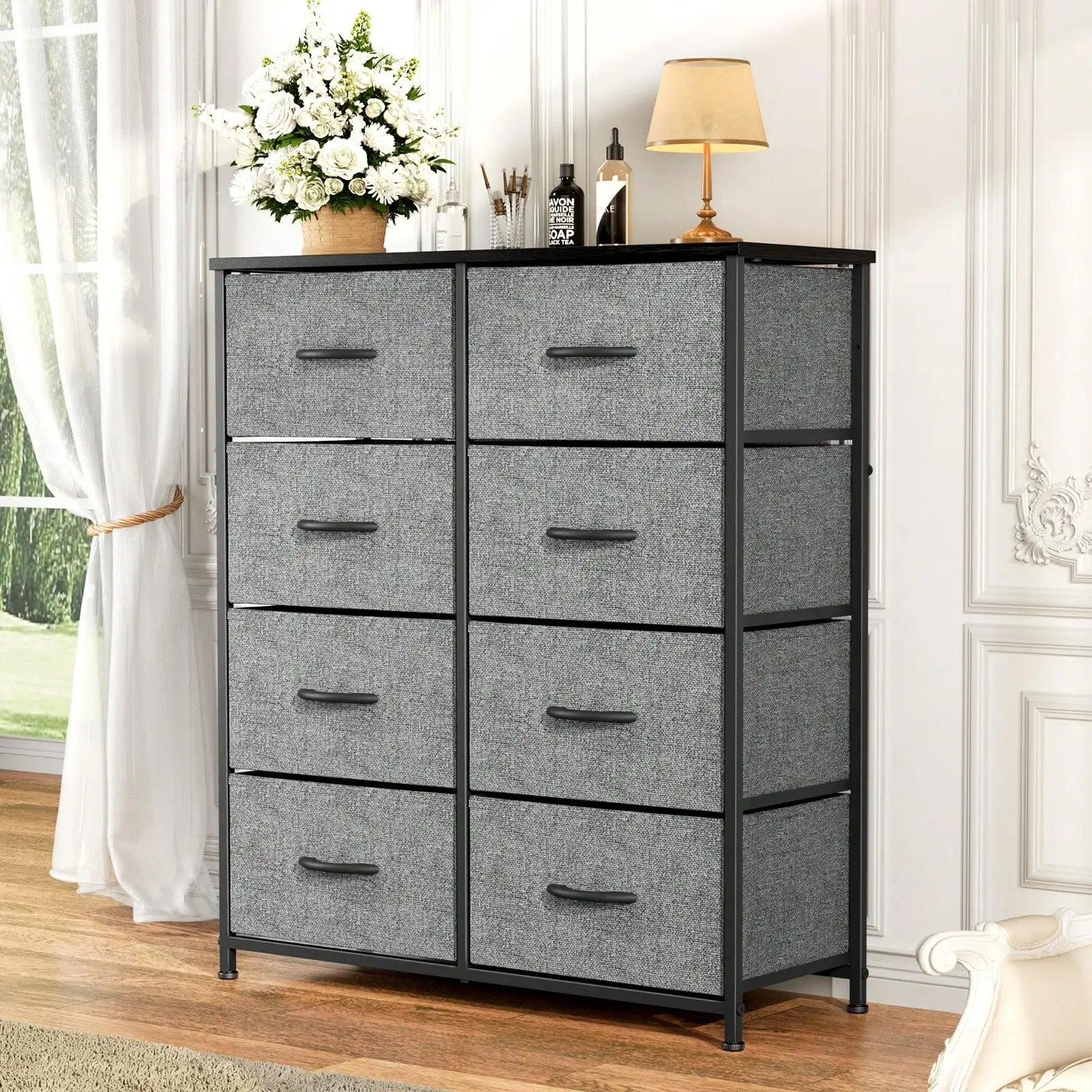 Tall Dresser With 8 Fabric Drawers Organizer Units, Chest Of Drawers For Bedroom With Wooden Top
