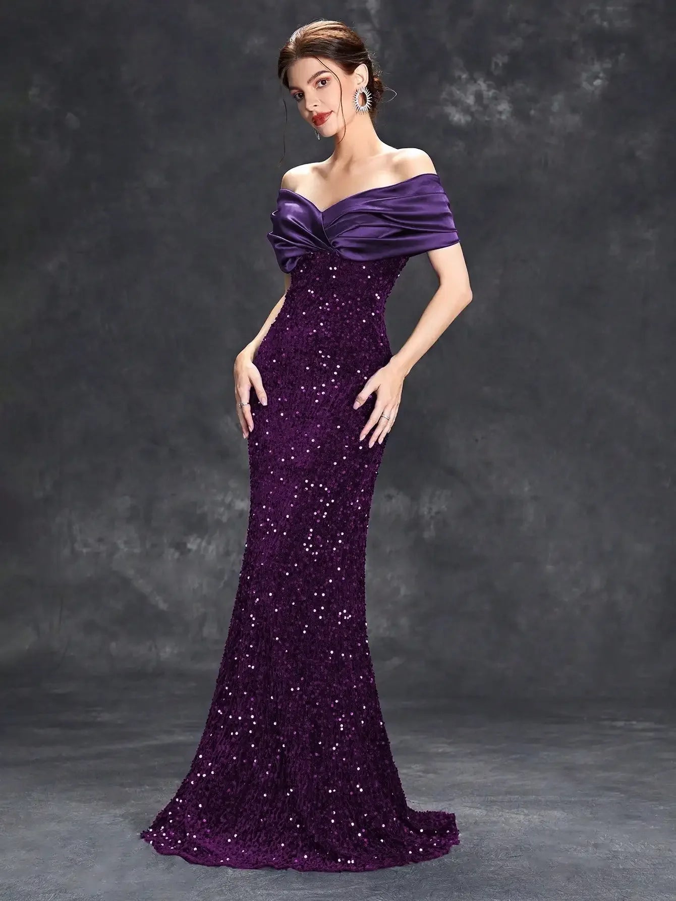 Mgiacy Line neck pleated tint sequin velvet fishtail Dress Evening Gown Ball dress Party dress Bridesmaid dress - Luvia