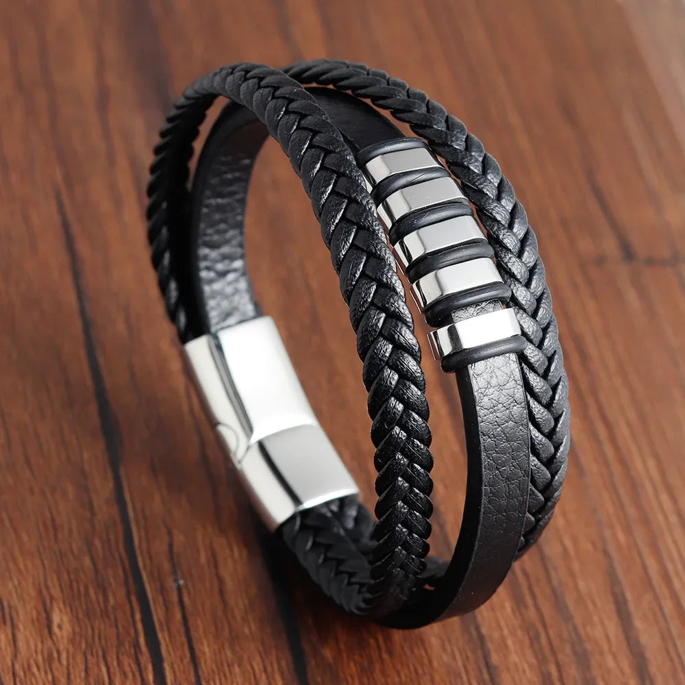 Charm Braid Rope Bracelet For Men Stainless Steel Magnetic Buckle Genuine Leather Bracelets & Bangles Male Female Jewelry - Luvia