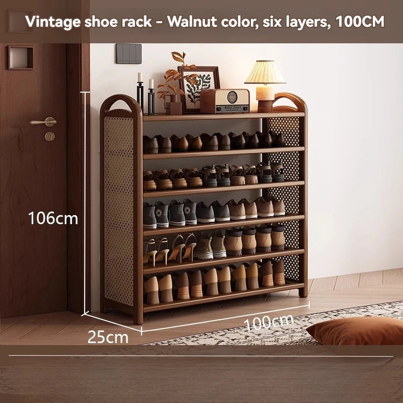 Multi layer shoe rack, retro style rattan woven simple home door shoe cabinet, large capacity storage rack for entrance doors