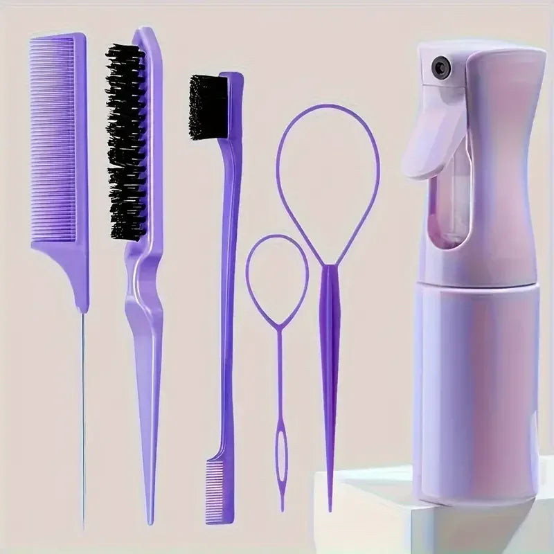 6pcs/Set Hair Brush Set Hairdressing Spray Bottle Hair Braiding Loop Rat Tail Comb Teasing Hair Brsuh Edge Control Hair Brush - Luvia